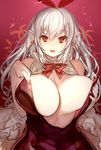  bad_id bad_pixiv_id blush bow bowtie breasts bunnysuit cross dress earrings grabbing huge_breasts jewelry k_(li) long_hair looking_at_viewer original pointy_ears red_eyes silver_hair sketch smile solo tongue tongue_out 