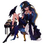  anklet bare_shoulders bird bird_on_leg black_hair blue_eyes bracelet cake chair crow cupcake dress earrings elbow_gloves food fork gloves high_heels jewelry long_hair mizushirazu necklace original pastry ring shoes single_glove single_thighhigh solo table thighhighs 