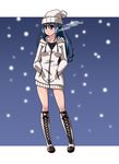  beanie blue_eyes blue_hair boots breath cold hands_in_pockets hat hikari_(pokemon) long_hair pokemon satsuki_imonet snow solo 