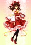  apple black_legwear bow brown_eyes brown_hair detached_sleeves food frills fruit gathers hair_bow hakurei_reimu japanese_clothes kurot light_particles lolita_fashion mary_janes ribbon shoes short_hair solo thighhighs touhou wa_lolita 