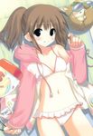  absurdres bikini blush brown_hair cameltoe highres hiide hood hoodie jacket looking_at_viewer navel open_clothes open_hoodie ponytail sakura_sakura solo swimsuit tachibana_kurumi 