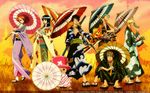  1440x900 black_hair green_hair japanese_clothes katana monkey_d_luffy nami nami_(one_piece) nico_robin one_piece orange_hair roronoa_zoro sword umbrella wallpaper weapon 