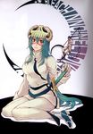  1girl arrancar black_hair bleach doujinshi espada facial_mark green_hair highres nelliel_tu_odelschwanck nnoitra_gilga scan scythe skull sword takamiya_haruya weapon yellow_eyes 