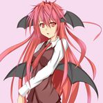  bad_id bad_pixiv_id bat_wings head_wings koakuma long_hair long_sleeves looking_at_viewer messy_hair necktie pink_background red_eyes red_hair red_neckwear shirt simple_background solo touhou vest white_shirt wings yuaya 