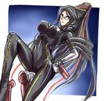  bayonetta bayonetta_(character) beauty_mark black_hair blue_eyes bodysuit chicago-x glasses long_hair mole red_ribbon ribbon very_long_hair 