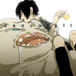  bad_id bad_pixiv_id black_hair cenco cencoroll drooling food maruco monster mouth_hold open_mouth pudding red_eyes ribbon saliva short_hair socks spoon yuki_(cencoroll) 