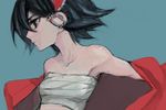  annoyed bare_shoulders black_eyes black_hair bow hair_bow hair_ornament hakurei_reimu profile sarashi short_hair solo tima touhou undressing 