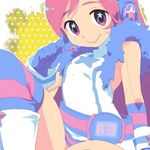  1girl :&gt; belt boots dress gloves hands headphones kneehighs long_hair multicolored multicolored_clothes multicolored_legwear oto pink_eyes pink_hair robot_joints sf-a2_miki socks solo star striped striped_gloves striped_legwear vocaloid wrist_cuffs 