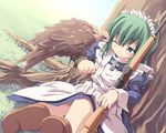  animal_on_arm bird bird_on_arm geisya green_eyes green_hair gun maid one_eye_closed original solo weapon 