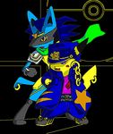  bad_id bad_pixiv_id black_background clothed_pokemon cosplay crossover gen_1_pokemon gen_4_pokemon gold_trim jojo_no_kimyou_na_bouken kuujou_joutarou kuujou_joutarou_(cosplay) lucario no_humans parody pikachu poke_ball_theme pokemon pokemon_(creature) simple_background stand_(jojo) star_platinum star_platinum_(cosplay) 