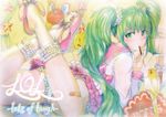  animal_slippers bad_id bad_pixiv_id bandaid bandaid_on_leg bird blush bow bunny_slippers candy candy_wrapper food frilled_legwear frills from_behind garters green_eyes green_hair hatsune_miku legs_up long_hair looking_at_viewer looking_back lots_of_laugh_(vocaloid) lying mayo_riyo mouth_hold on_stomach panties parrot pocky smiley_face solo star too_many too_many_frills twintails underwear very_long_hair vocaloid white_legwear 