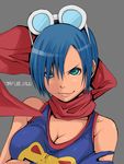  bare_shoulders blue_hair breasts cape chiyou_yoyuchi cleavage goggles goggles_on_head large_breasts may_lee short_hair solo the_king_of_fighters 
