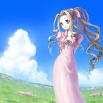  aerith_gainsborough bad_id bad_pixiv_id bow brown_hair cropped_jacket dress final_fantasy final_fantasy_vii green_eyes hair_ribbon long_dress long_hair lowres norapeko pink_bow pink_dress ponytail ribbon solo very_long_hair 