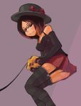  bad_id bad_pixiv_id bare_shoulders bow brown_hair elbow_gloves glasses gloves hat masha original playing_games purple_eyes solo striped striped_legwear thighhighs upskirt 