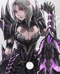  alatreon_(armor) aoin armlet armor bad_id bad_pixiv_id blonde_hair breasts cleavage grey_hair large_breasts lips long_hair monster_hunter monster_hunter_3 pauldrons pink_eyes red_eyes solo sword weapon 