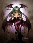  animal_print bat_print breasts cleavage demon_girl green_eyes green_hair head_wings heart large_breasts leotard long_hair morrigan_aensland pantyhose print_legwear ryanbnjmn solo succubus vampire_(game) wings 