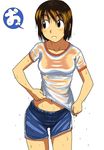  ayase_fuuka black_eyes black_hair blue_shorts brown_hair collarbone eyebrows highres kakkii navel see-through shirt short_hair shorts solo t-shirt thick_eyebrows wet wet_clothes wet_shirt wet_shorts yotsubato! 