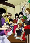  6+boys akashi_satoru bad_id bad_pixiv_id basket belt coffee computer denim food gogo_sentai_boukenger inou_masumi jacket jeans kagami_arata kamen_rider_kabuto kusakabe_hiyori kzhr laptop mamiya_natsuki mogami_souta multiple_boys multiple_girls nishihori_sakura pants peas scarf takaoka_eiji tendou_souji tray vegetable 