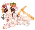  apron ass black_hair blush bottomless brown_eyes brown_hair carrot cherry collarbone cooking_idol_ai!_mai!_main! embarrassed feet food food_themed_clothes frills fruit hands hat hiiragi_mine kink legs_up long_hair lying naked_apron no_panties on_stomach orange_legwear shy solo strawberry thighhighs wrist_cuffs wristband yellow_legwear 