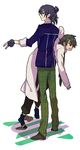  alternate_costume black_eyes black_hair carrying carrying_under_arm coat gloves green_eyes grin kunimitsu long_hair male_focus multiple_boys raven_(tales) school_uniform smile tales_of_(series) tales_of_vesperia v yuri_lowell 