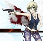  armpits aya_brea bare_shoulders belt belts blonde_hair bracelet breasts cleavage denim green_eyes gun jeans jewelry necklace pants parasite_eve parasite_eve_the_3rd_birthday sararajin short_hair smile torn_clothes vest weapon 