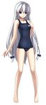  alternate_costume ar_tonelico ar_tonelico_i barefoot blue_eyes bow braid commentary cross_edge feet full_body hair_bow hands highres hirano_katsuyuki long_hair official_art one-piece_swimsuit school_swimsuit shurelia solo standing swimsuit twin_braids very_long_hair white_hair 