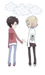  cute hand_holding hoddie holding_hands hood hoodie male male_focus skirt 