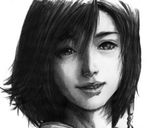  cropped final_fantasy final_fantasy_x greyscale lowres monochrome smile solo yuna_(ff10) 