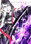  amulet bayonetta bayonetta_(character) candy cleavage_cutout earrings elbow_gloves food glasses gloves hair_ribbon jewelry lollipop long_hair mochinu mole mole_under_mouth ribbon solo very_long_hair 