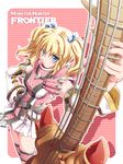  bass_guitar blonde_hair blue_eyes blush detached_sleeves geisya hands instrument monster_hunter monster_hunter_frontier skirt solo twintails 