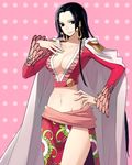  black_eyes black_hair boa_hancock breasts cleavage earrings groin hand_on_hip jewelry large_breasts leona_(pixiv) long_hair navel one_piece solo 
