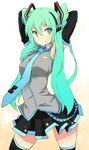  aqua_eyes armpits arms_behind_head arms_up bad_id bad_pixiv_id hatsune_miku hyakuen_raitaa long_hair necktie solo thighhighs twintails vocaloid zettai_ryouiki 