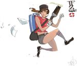  absostudio bag bandaged_hands bandages baseball_bat belt briefcase brown_hair dog_tags flying_paper genderswap genderswap_(mtf) gun hat headset holding holding_gun holding_weapon paper ponytail scattergun shorts smile solo team_fortress_2 the_scout traditional_media weapon 