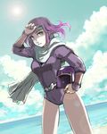  beach faris_scherwiz final_fantasy final_fantasy_v green_eyes headband helmet long_hair miso_katsu ninja purple_hair scarf sky water 