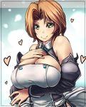  bare_shoulders bow breasts brown_hair cleavage detached_sleeves dream_c_club dream_c_club_(series) futaba_riho green_eyes heart huge_breasts shimazu_tekkou smile solo 