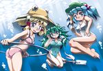  barefoot bikini blonde_hair blue_eyes blue_hair cameltoe eyes feet freediving frog green_eyes green_hair hair_bobbles hair_ornament hat highres kawashiro_nitori kochiya_sanae long_hair moriya's_iron_rings moriya_suwako multiple_girls one-piece_swimsuit short_hair snake sukiyo swimsuit touhou twintails two_side_up underwater 