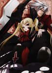  1girl blazblue blazblue:_calamity_trigger blonde_hair bow frills grey_hair hair_ribbon highres mori_toshimichi nago official_art rachel_alucard ragna_the_bloodedge red_bow red_eyes ribbon sword twintails weapon 