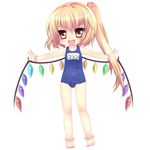  anklet bad_feet bad_id bad_pixiv_id blonde_hair bracelet fangs flandre_scarlet jewelry long_hair mikazuki_sara one-piece_swimsuit outstretched_arms petite ponytail red_eyes school_swimsuit short_hair side_ponytail solo spread_arms swimsuit touhou wings yellow_eyes younger 