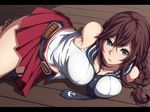  arms_behind_back bangs bare_shoulders bdsm black_sailor_collar blush bondage bound braid breast_press breasts brown_hair cleavage commentary_request crossed_bangs curvy double_horizontal_stripe green_eyes highres kantai_collection large_breasts letterboxed long_hair looking_at_viewer lying miniskirt navel noshiro_(kantai_collection) on_side open_mouth pleated_skirt red_skirt rope sailor_collar sblack single_braid skirt solo striped striped_background unaligned_breasts wide_hips 
