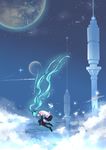  absurdres aqua_hair bird blue closed_eyes detached_sleeves falling fetal_position hatsune_miku highres hzyang long_hair necktie planet scenery skirt sky smile solo twintails very_long_hair vocaloid 