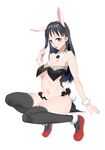  animal_ears bad_id bad_pixiv_id banned_artist black_eyes black_hair black_legwear breasts bunny_ears bunny_tail cleavage detached_collar earrings fang hair_ornament highres jewelry large_breasts long_hair looking_at_viewer navel open_mouth original simple_background solo tail thighhighs underboob white_background yuzuha 