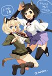  :d animal_ears black_eyes black_footwear black_hair blonde_hair blue_eyes boots bottle carla_j_luksic cat_ears cat_tail dog_ears dog_tail goggles goggles_on_head japanese_clothes kodamari kuroda_kunika multiple_girls noble_witches open_mouth smile soda soda_bottle tail translation_request v-shaped_eyebrows world_witches_series 