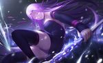  bare_shoulders black_dress black_legwear chain city collar dagger dress elbow_gloves facial_mark fate/stay_night fate_(series) forehead_mark gloves glowing glowing_eyes highres long_hair looking_at_viewer nameless_dagger night night_sky panties purple_eyes purple_hair purple_panties rider sky solo thighhighs underwear weapon yijian_ma 
