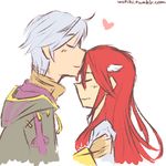  1boy 1girl ^_^ armor cape cloak couple eyes_closed fire_emblem fire_emblem:_kakusei gloves heart kiss long_hair love my_unit my_unit_(fire_emblem:_kakusei) red_hair simple_background tiamo white_hair 