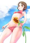  :o bikini brown_hair covered_nipples flower from_below hi_iro highres navel orange_eyes original polka_dot polka_dot_bikini polka_dot_swimsuit short_hair side-tie_bikini solo sunflower swimsuit wet 