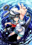  anchor anchor_symbol aqua_eyes arm_up black_hair chima_q commentary dress foreshortening from_above hands hat highres hishaku ladle midriff murasa_minamitsu navel neckerchief outstretched_arm outstretched_hand puffy_short_sleeves puffy_sleeves sailor_dress sailor_hat shirt short_sleeves shorts smirk solo spell touhou water 