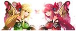  blonde_hair breasts bug butterfly butterfly_wings green_eyes highres insect large_breasts long_hair looking_at_viewer multicolored multicolored_wings multiple_girls pink_hair rednian simple_background smile tartaros_online white_background wings 