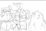  2015 anthro black_and_white breasts buckteeth colliefleur dialogue elpatrixf female flammin&#039;go french_text furfrou group hat human male mammal marissa monochrome nintendo open_mouth pansear pok&eacute;mon pok&eacute;mon_trainer pok&eacute;morph quilladin simple_background text video_games white_background 