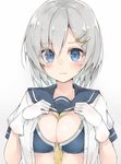  blue_eyes blush bra breasts cleavage cole gloves hair_ornament hair_over_one_eye hairclip hamakaze_(kantai_collection) kantai_collection large_breasts looking_at_viewer open_clothes open_shirt school_uniform serafuku shirt short_hair short_sleeves silver_hair solo underwear 