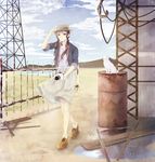  adjusting_clothes adjusting_hat bad_id bad_pixiv_id brown_hair building camera cat cloud cloudy_sky day drum_(container) fence full_body hat highres looking_at_viewer original parted_lips plank puddle rust shoes skirt sky solo transmission_tower twintails walking white_cat winter_urei yellow_eyes 